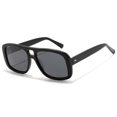 Imagem de Jolafull JS2505 Óculos de sol masculino retangular aviador polarizado acetato ponte dupla, Lente fumê preta/polarizada, 54-17-145