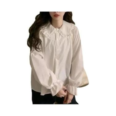 Imagem de Camisa Feminina Branca De Manga Longa Estilo Preppy Vintage Elegante Y