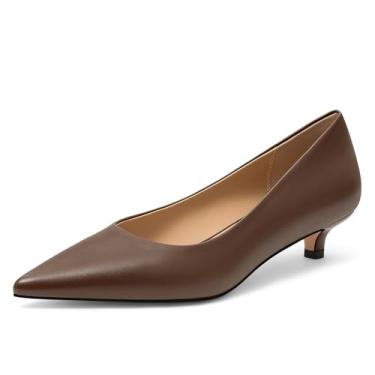 Imagem de KUOARN Salto gatinho feminino bico fino fechado salto baixo de 3 cm, sapatos de salto baixo para casamento, festa, trabalho diário, Marrom chocolate, 35