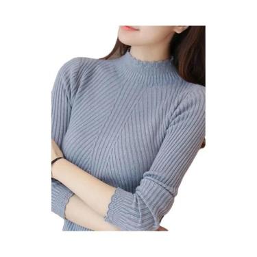 Imagem de Suéter Casual De Manga Longa Com Gola Alta E Renda Para Mulheres, Outo