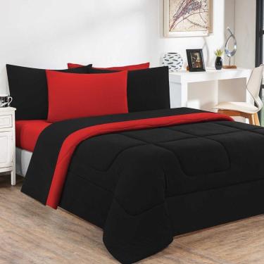 Imagem de Kit Edredom Malha 100% Algodão Gran Moratta 3 Peças Queen - Preto-vermelho.