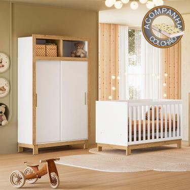Imagem de Quarto de Bebê com Berço Slim 4315 e Roupeiro 5085 Flora Branco Acetinado Qmovi + Colchão Gazin