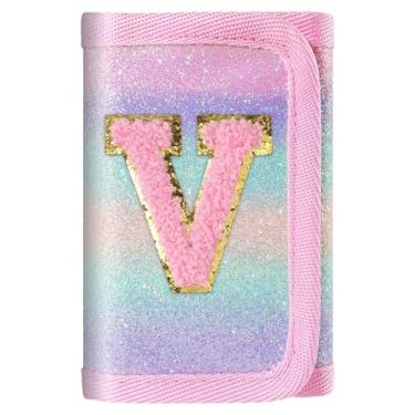Imagem de Carteira rosa com inicial brilhante para meninas/mulheres - linda bolsa infantil, presentes de aniversário para adolescentes de 6 a 12 anos, Letra V