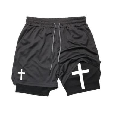 Imagem de Shorts De Corrida Masculinos Com Estampa De Cruz Cristã 2 Em 1 Para Tr