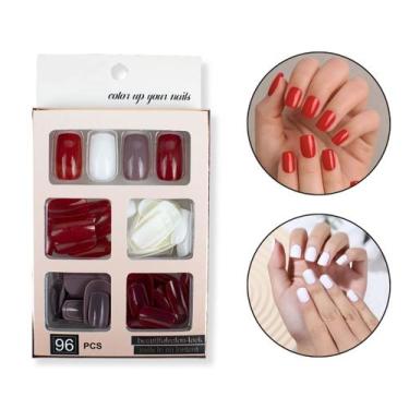 Imagem de Kit 96 Unhas Postiças Quadrada Colorida Vermelho Branco Roxo Unhas Dec