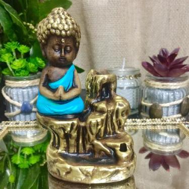 Imagem de Porta incenso cascata buda menor envelhecido com azul 12cm - CASA FÉ