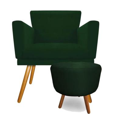 Imagem de Kit Poltrona Decorativa Aurora com Puff Redondo Pés Madeira Suede Verde