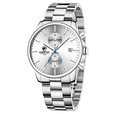 Imagem de GOLDEN HOUR Relógios sociais masculinos, cronógrafos, modernos, de aço inoxidável, à prova d'água, com movimento de quartzo, data automática, Prata