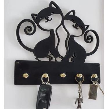 Imagem de By Hands Porta Chaves Gatinhos 5 Ganchos Madeira 100% Plástico Dupla Face 25cm Dourado
