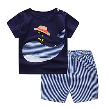 Imagem de Conjunto de camiseta e calça listrada para bebês recém-nascidos meninos meninas desenho animado baleia blusa e calça listrada roupa infantil casual 2 peças (1-azul, 0-6M)