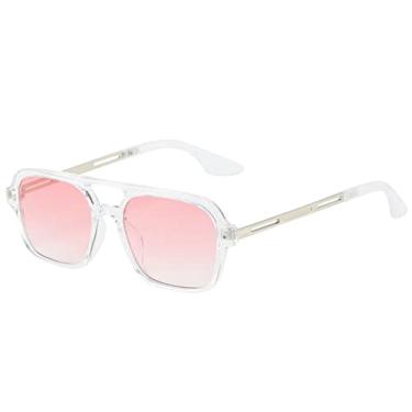 Imagem de Óculos de Sol Quadrado Retro Pontes Duplas Moda Feminina Lentes Oceânicas Claras Tons UV400 Homens Tendência Óculos de Sol Oco de Metal, Rosa Transparente, Como a imagem