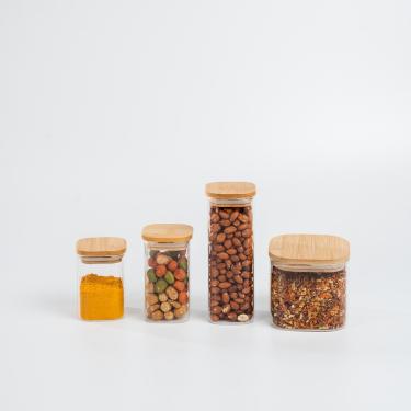 Imagem de Kit De Pote Hermético Vidro Quad Tampa De Bambu 4 Pçs Oikos