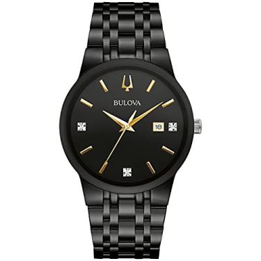 Imagem de Bulova Relógio masculino moderno preto banhado a íon aço inoxidável com 3 ponteiros calendário data quartzo relógio, detalhes em tom dourado e estilo do mostrador diamante: 98D166,