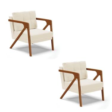 Imagem de Kit 02 Poltronas Veludo Bege Base De Madeira Castanho