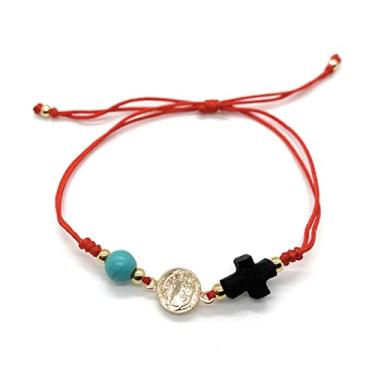 Imagem de Pulseira protetora ajustável com cruz Azabache natural medalha de São Bento, Medium, Algodão, sem pedra