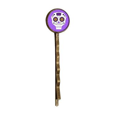 Imagem de Ilustração de cultura de caveira com olhos roxos em forma de flor retrô de metal para cabelo