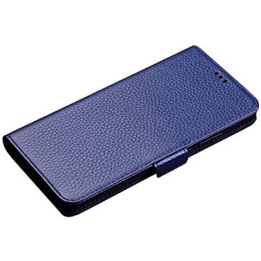 Imagem de KAPPDE Carteira de capa de telefone de couro genuíno padrão de lichia, capa à prova de choque flip para Apple iPhone 11 Pro Max (2019) 6,5 polegadas [suporte de cartão] [suporte] (cor: azul)