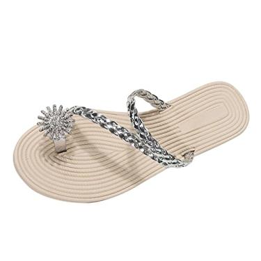 Imagem de Chinelos femininos de verão cor sólida couro strass clipe dedo do pé tecido palha chinelos chinelos femininos com alça (prata, 38)