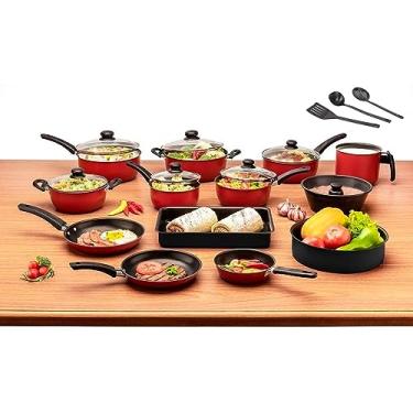 Imagem de Super Jogo De Panelas 16 Peças Antiaderente Tampa De Vidro Conjunto Alumínio Teflon - Dona Chefa (Vermelho)