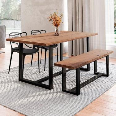 Imagem de Conjunto Mesa de Jantar Rústica e Banco de Madeira Maciça com 2 Cadeiras Allegra Marrom/Preto