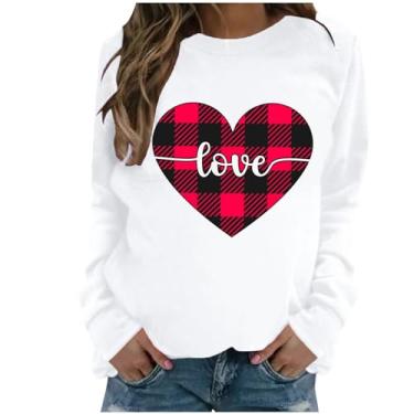 Imagem de SHOPESSA Camisas de Dia dos Namorados para Mulheres Love Heart Graphic T-Shirt Gola Redonda Jersey Roupas de Primavera para Mulheres 2024, Tops de coração xadrez branco, M
