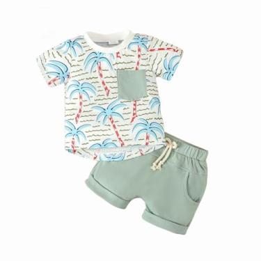 Imagem de Conjunto de camiseta havaiana e shorts com cordão e manga curta de manga curta para bebês meninos, Verde, 2-3 Anos