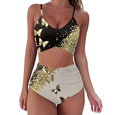 Imagem de Biquíni feminino de praia, sexy, plus size, com cordão, cintura alta, controle de barriga, biquíni estilingue, Dourado, GG