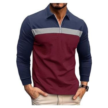 Imagem de Camisa polo masculina meia frente zíper cor combinando golfe gola aberta punhos canelados pulôver, Vinho tinto, P