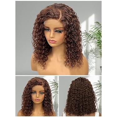 Imagem de Perucas de cabelo curto marrom encaracolado com tela frontal com baby hair para mulheres negras, cabelo humano pré-arrancado, 33 x 10 cm, peruca de cor escura, 150% densidade 35,5 cm