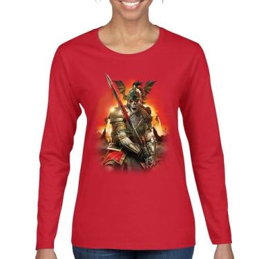 Imagem de Camiseta feminina de manga comprida Apocalypse Reaper Fantasy Skeleton Knight with a Sword Medieval Legendary Creature Dragon Wizard, Vermelho, XXG