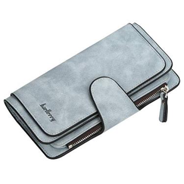 Imagem de Carteira feminina longa de couro com bloqueio de RFID, porta-cartão de crédito para mulheres, carteira de mão macia com bolso para moedas com zíper, bolsa moderna, Azul claro, 18.8*10.5*1.7cm,