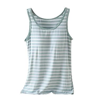 Imagem de Camiseta feminina com sutiã embutido, listras de algodão, alças finas, camiseta regata lisa com sutiã embutido, Azul, XXG