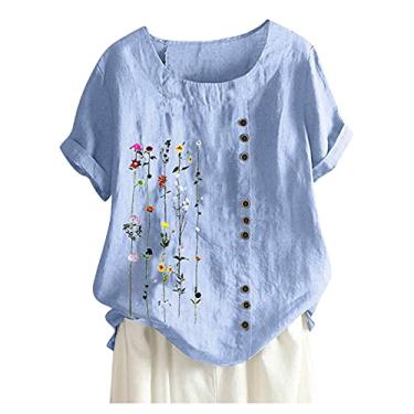 Imagem de Camisa feminina de botões de linho com estampa de flores de verão 2024 camisetas casuais de manga curta extragrandes blusas elegantes, Azul, GG