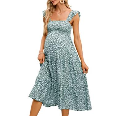 Imagem de KOJOOIN Vestido feminino de verão sem mangas com decote quadrado franzido casual boho midi vestido de chá de bebê sessão de fotos, Floral verde, XGG