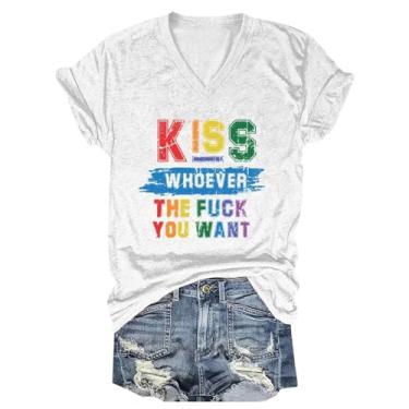 Imagem de Camiseta feminina Pride Gay Igualdade para mulheres, estampa de arco-íris, letras inspiradoras, blusa túnica casual de verão com ajuste solto 2024, Branco, XXG