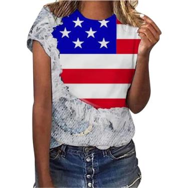 Imagem de Camiseta feminina moderna casual com bandeira do Dia da Independência estampada gola redonda manga curta camiseta café para mulheres, Preto, GG