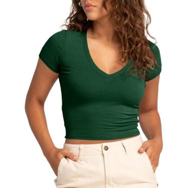 Imagem de Tankaneo Camiseta feminina cropped com gola V canelada manga curta básica de verão slim fit Y2k, Verde escuro, M