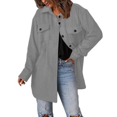 Imagem de Shacket Jaqueta feminina casual manga longa lapela abotoada outono 2023 casaco leve sólido, Cinza, XXG