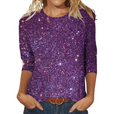 Imagem de Camisetas femininas de manga 3/4 casual, solta, brilhante, gola redonda, básica, leve, blusa de roupas de verão 2024, Roxa, M