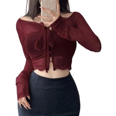 Imagem de SHENHE Camiseta feminina de malha com ombros de fora, acabamento em renda, amarrada na frente, manga comprida, sexy, justa, Borgonha, M
