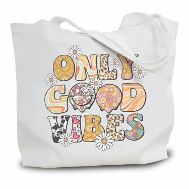 Imagem de Nuckxy Sacola de lona Groovy para mulheres, apenas boas vibrações, bolsa de esperança, sacolas de compras reutilizáveis estéticas, bolsa de ombro grande, presente para mulheres - A03, Multicor, One