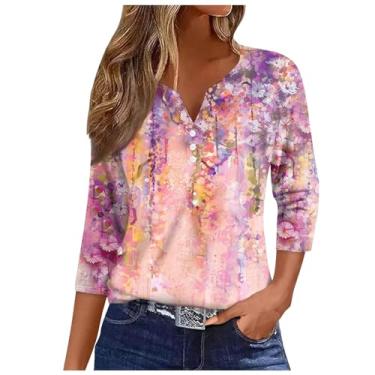 Imagem de Camiseta feminina com gola V abotoada, manga três-quartos confortável, estampa floral, caimento solto, camiseta casual para trabalho, rosa, M