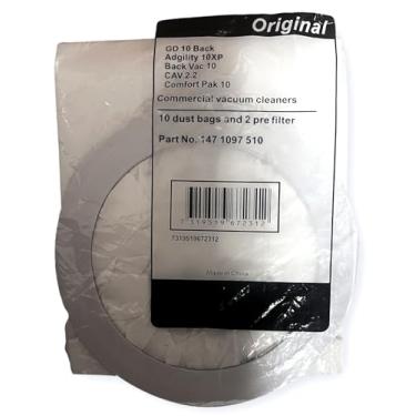 Imagem de 1471097510 Conjunto de 10 sacos de coleta de poeira de 10 litros para aspirador de pó e 2 pré-filtros; feito de material de papel; substituído 1471097500; uso a seco; embalado em um saco de poliéster