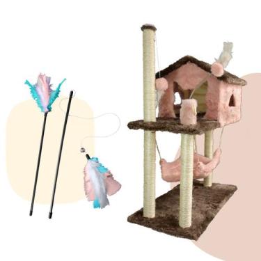 Imagem de Kit Arranhador Casa Com Rede Para Gato 2 Andares Varinhas Interativas 