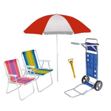 Imagem de Kit Praia Carrinho Com Avanço + Guarda Sol 1,8m + 2 Cadeira Alta Alumi