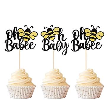 Imagem de Rsstarxi 36 Pack Bee Oh Baby Cupcake Toppers Glitter Bumble Bee Oh Babee Cupcake Picks for Gender Reveal Baby Shower Kids Boys Girls Birthday Party Cake Decorations Supplies Black
