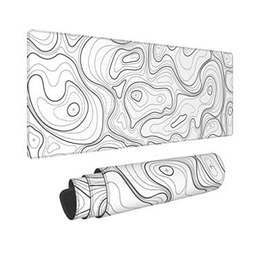 Imagem de Mouse pad para jogos branco contorno topográfico XL estendido longo grande Mousepad com bordas costuradas para laptop teclado de computador PC tapete de mouse base de borracha antiderrapante para jogadores de escritório da empresa