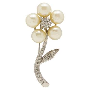 Imagem de Broche Strass e Pérola Flor BRG0064 - Akasaki, Cristal, Prateado
