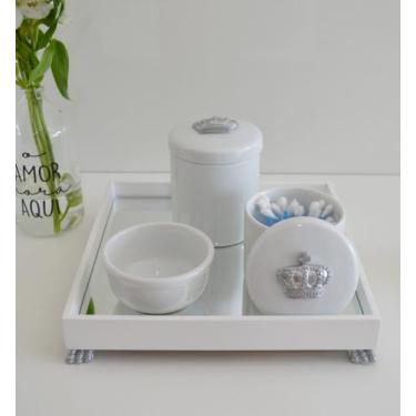 Imagem de Kit Higiene K049 Bandeja MDF Porcelanas Apliques Prata Quarto Bebê - C
