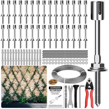 Imagem de Acemaker Treliça de Arame para Plantas Trepadeiras Ao Ar Livre, Kit de Treliça de Arame de Parede com 30 Conjuntos de Cabos de Aço de 5/64"(2 Mm) X 150 Pés E Cortador, Kit de Treliça de Parede de Aço